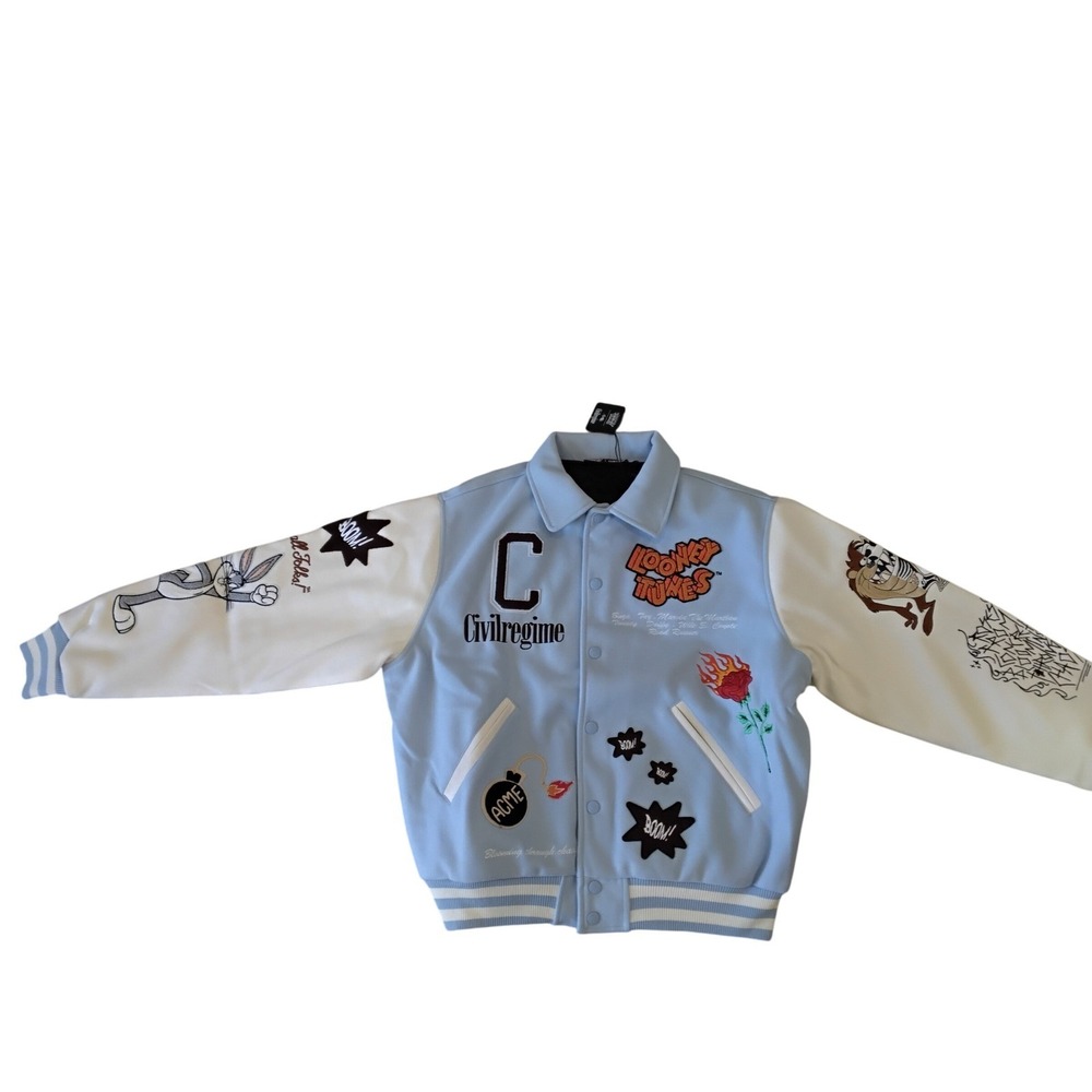 Civil Regime Looney Tunes Varsity Jacket Light Blue White Mens Embroidered New